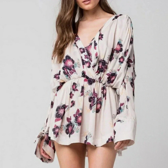 Free People Tuscan Dream Tunic Long Sleeve Off White Purple Floral Womens S - Picture 2 of 11